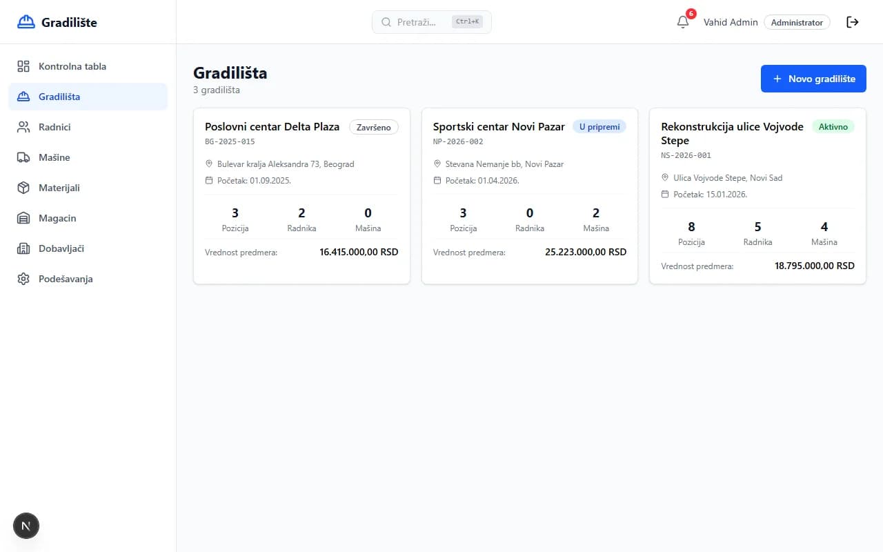 Screenshot: Gradilišta