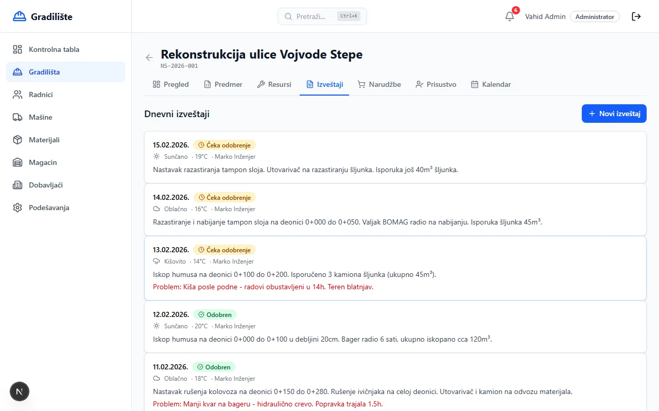 Screenshot: Dnevni izveštaji
