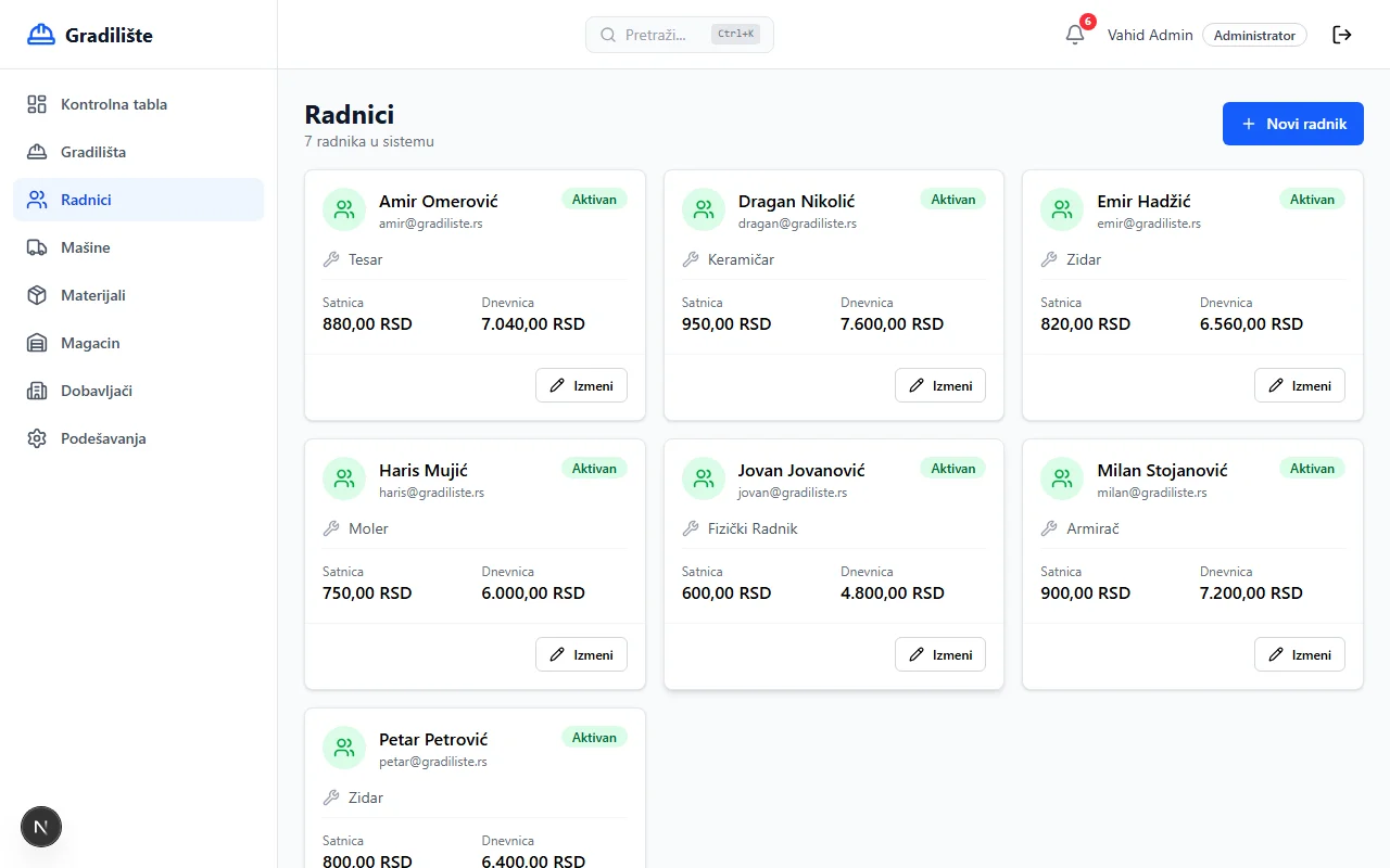 Screenshot: Registar radnika